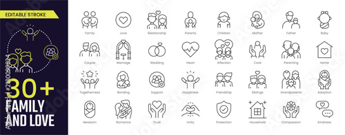 Family and Love Stroke icon collections. Containing family, love, relationship, parents, children, mother, father, baby, couple and marriage, icons. Editable Stroke icon collection Outline icon