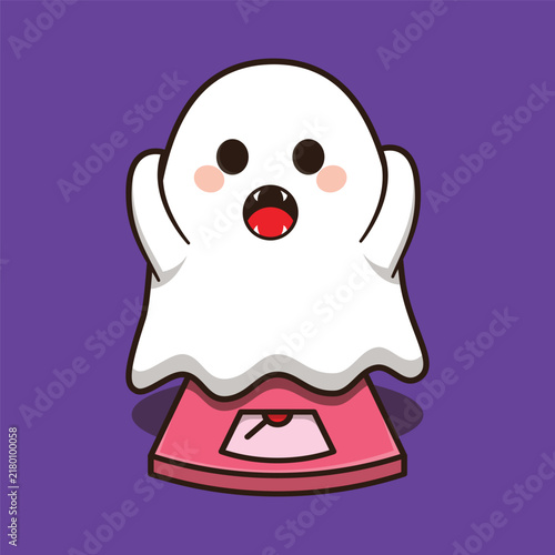 Cute little ghost standing on scale character halloween cartoon vector illustration