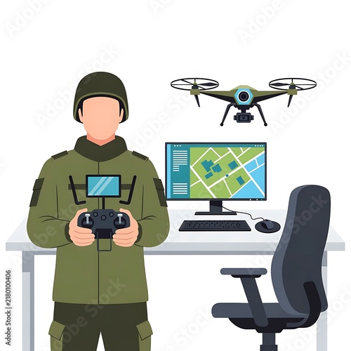 Soldier Operating Military Surveillance Drone with Remote Controller