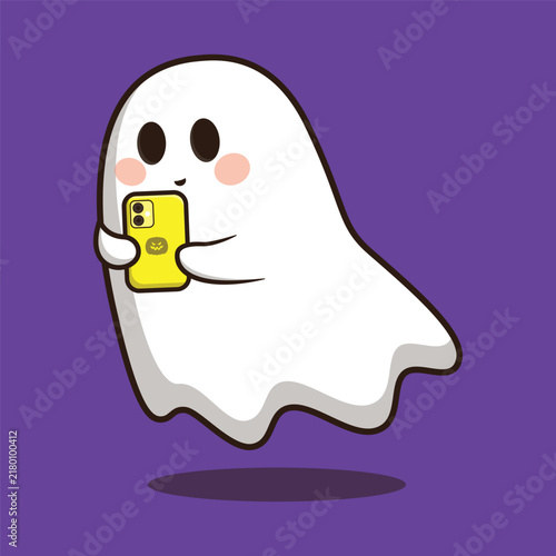 Cute little ghost using smartphone character halloween cartoon vector illustration