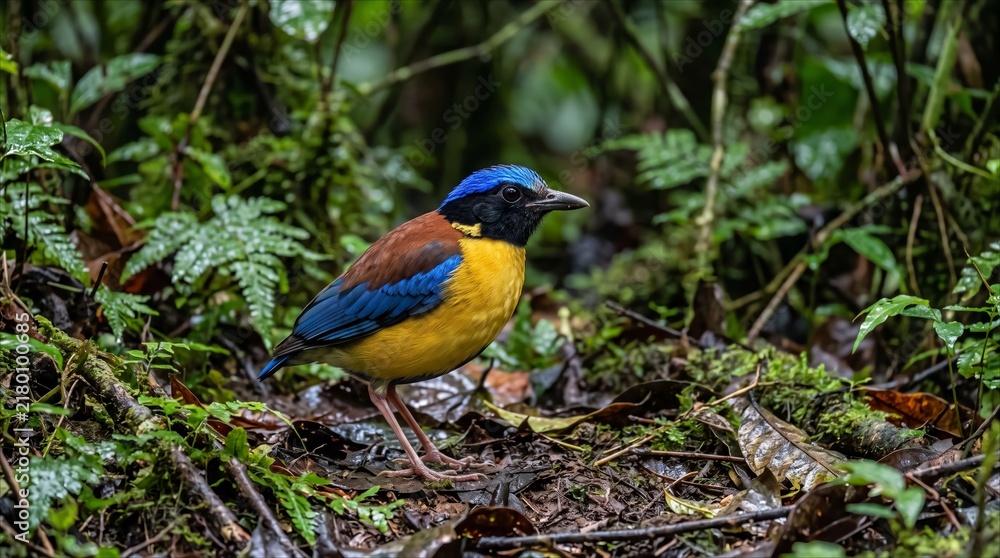 Fototapeta premium Gurney's Pitta bird standing on the forest floor in its natural tropical habitat