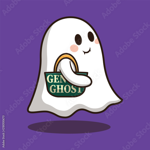 Cute little ghost carrying tote bag character halloween cartoon vector illustration