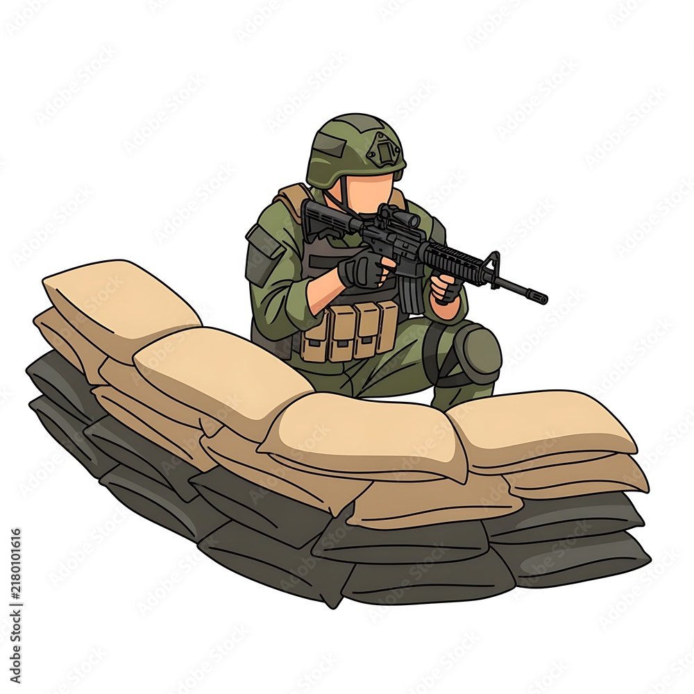 Obraz premium Soldier in Military Combat Gear with an Assault Rifle Behind Sandbag Barricade