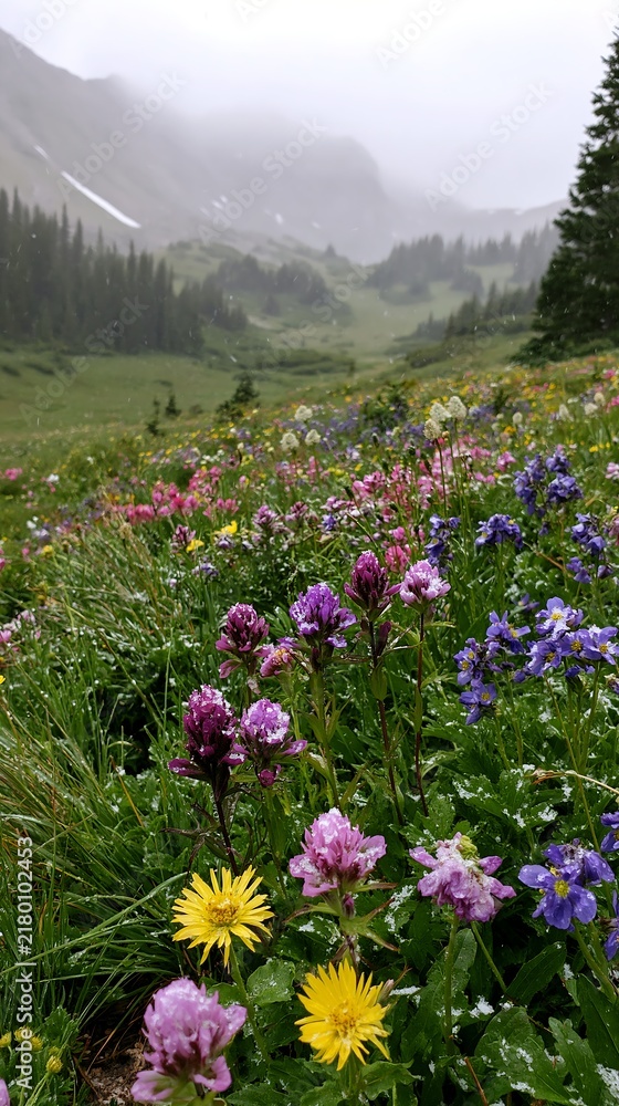 Fototapeta premium Snowy highland meadow filled with colorful wildflowers