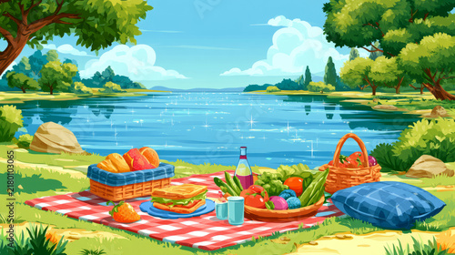 Relaxing summer picnic by a peaceful lake with lush green surroundings and an array of colorful fresh foods