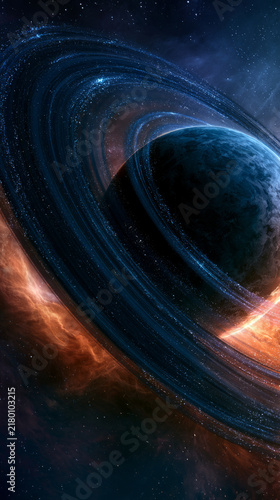 Stunning cosmic scene featuring a ringed planet surrounded by vibrant nebula and stars in deep space