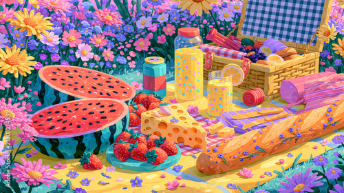 Lively outdoor picnic featuring juicy watermelon delicious cheese and refreshing beverages amidst a backdrop of bright flowers