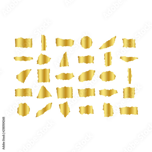 Collection of golden torn paper edges on transparent background tear