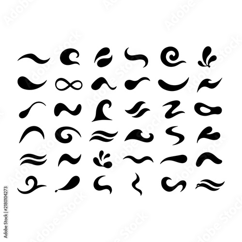 Collection of black brushstroke swirls and curves on transparent background
