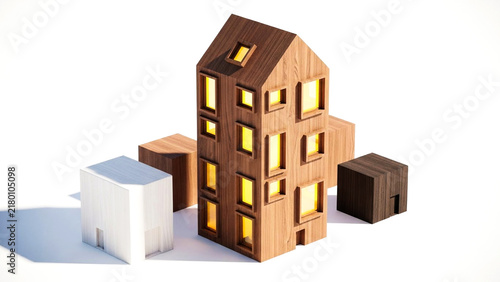 Miniature wooden house model with glowing windows surrounded by geometric blocks on a white background surface.