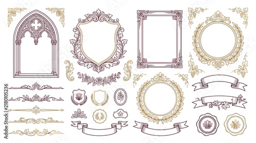 Gothic Ornate Frames and Ornaments Vector Set, Isolated Transparent Background