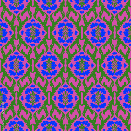 A vintage damask seamless pattern combines green and blue damask floral and symmetrical ornamental motifs on a deep pink background.