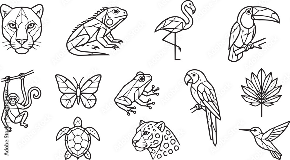 Obraz premium Geometric Animal Icons Set Featuring Tropical Wildlife Line Art