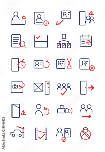 Access control icon set: visitor reception, badge issuance, tailgating detection, access log audit, security gate passage, offboarding revoke, editable stroke, isolated on transparent background