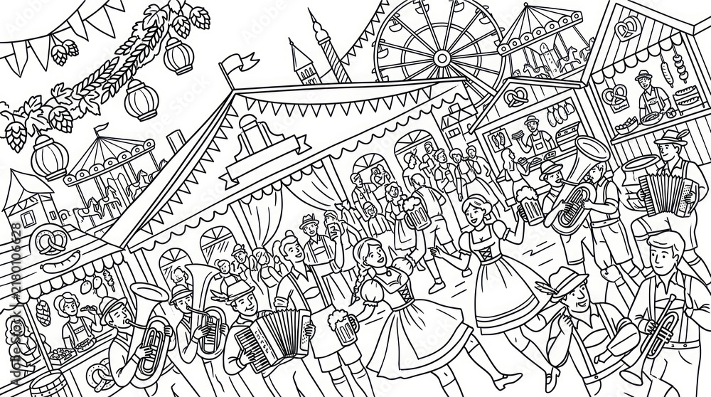 Fototapeta premium Traditional folk festival coloring page with musicians and crowd