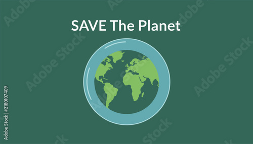 Save the planet ecology banner showing earth globe surrounded by clean atmosphere on dark green background vector.