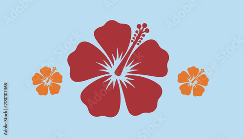 Tropical hibiscus flowers illustration featuring large red blossom and two small orange flowers on sky blue background.
