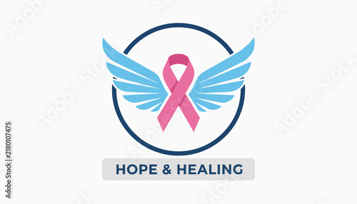 Breast cancer awareness concept with pink ribbon and blue angel wings inside circle, featuring hope and healing text.