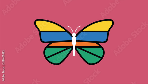 Butterfly with colorful wings on pink background, vector illustration representing nature, beauty, and Colombian colors.