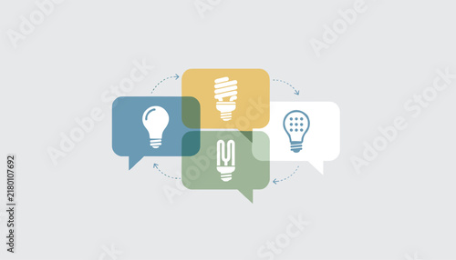 Innovative ideas sharing concept with four colorful speech bubbles containing light bulb icons in circular flow.