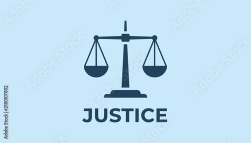 Scales of justice symbol representing law, court, judge, and righteousness with justice text on light blue background.