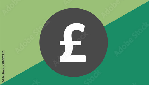 Pound sterling symbol inside grey circle on diagonal green background, representing British currency and finance.