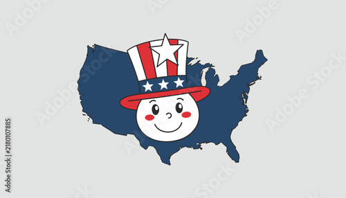 Uncle Sam smiling face cartoon character wearing patriotic top hat in front of USA map silhouette on grey background.