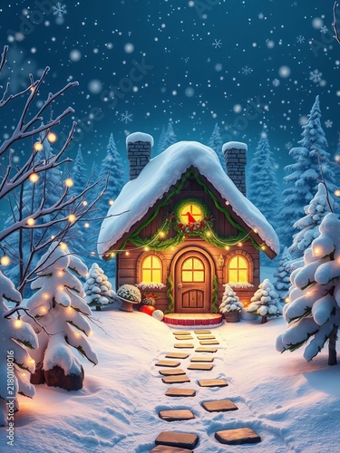 Whimsical winter wonderland cottage surrounded by snowflakes, aglow with twinkling lights, cottage, whimsy