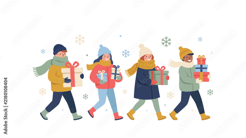 Fototapeta premium Group of children walking outdoors carrying wrapped holiday gifts.