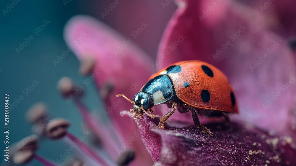 Fototapeta premium Ladybug resting on a flower petal in nature, macro close-up of a small red beetle on bloom with detailed insect body and soft floral background, wildlife photography and natural outdoor beauty