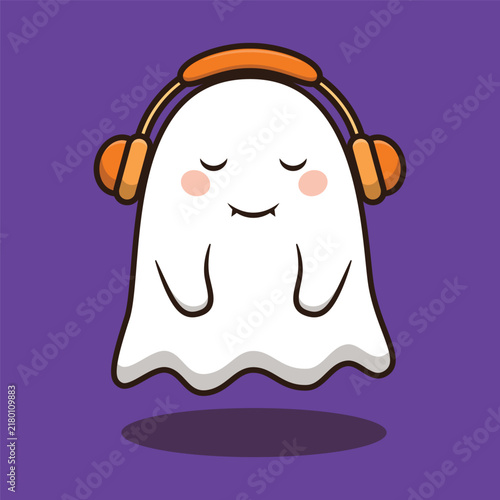 Cute little ghost wearing headphones listening to music character halloween cartoon vector illustration