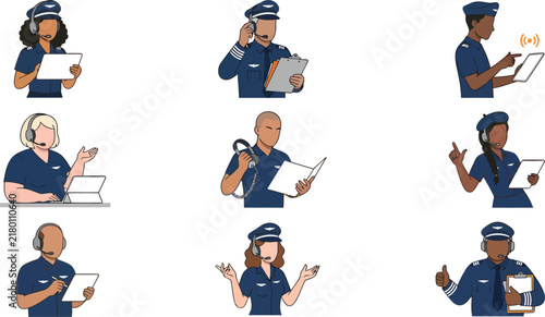 Aviation Pilot and Air Traffic Control Vector Avatars Set, Flat Flight Crew Characters in Uniform Icons