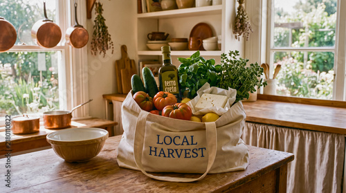 Fresh local harvest produce displayed on rustic kitchen countertop near sunlit window with bathed warm natural light large window