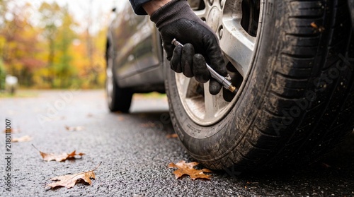 Checking car tire pressure before winter driving