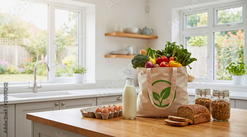 Bright modern kitchen counter displaying fresh produce dairy and pantry staples near sunlit windows