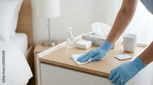 Home nursing caregiver wearing blue gloves cleaning bedside table with disinfectant and tissue in bright bedroom, supporting hygiene and patient care