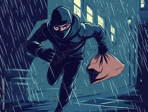 A thief runs through a city street at night in the rain.