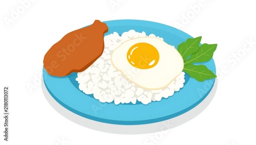 A plate of white rice with fried egg and meat cutlet on a blue dish