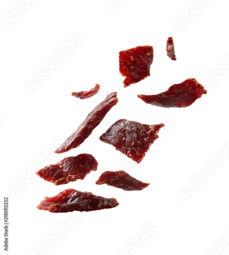 Falling Sliced Of Smoked beef Jerky isolated on transparent background