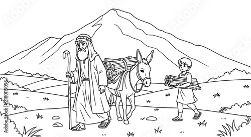 Cuadro en lienzo Biblical scene coloring page featuring old man and child walking with donkey carrying wood toward mountain for religious education and storytelling fun