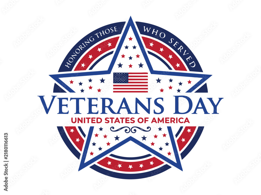 Fototapeta premium Veterans Day patriotic emblem, United States of America military tribute, honoring those who served star vector, American flag holiday badge