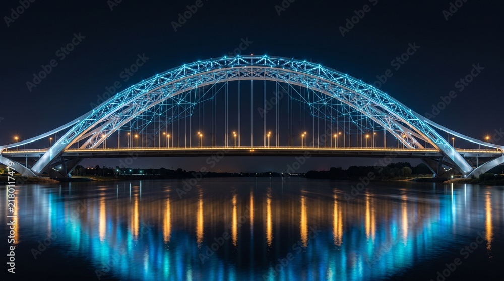 Fototapeta premium bridge reflecting on water at night, ideal for engineering websites, technology headers, travel guides, and urban banners.