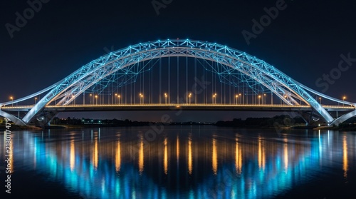 bridge reflecting on water at night, ideal for engineering websites, technology headers, travel guides, and urban banners.