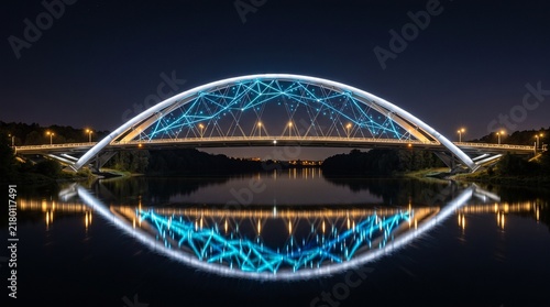 Futuristic illuminated arch bridge reflecting on water at night
