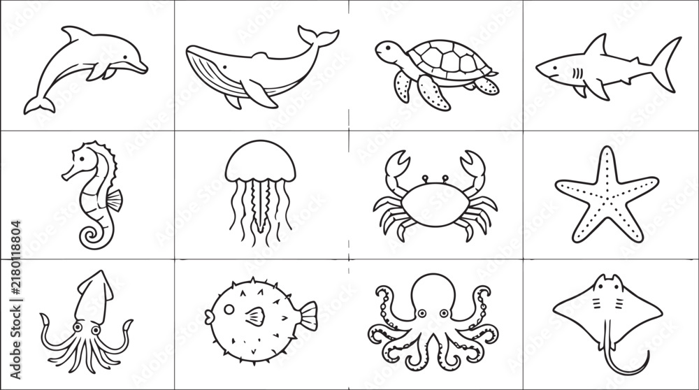 Obraz premium Set of twelve marine animal line art vector icons