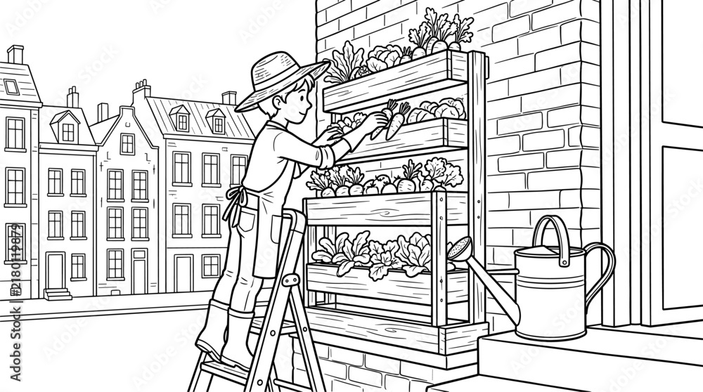 Fototapeta premium Person in straw hat and apron harvests fresh vegetables from a tiered vertical garden on a city street, line art illustration
