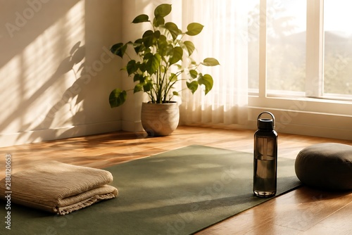 A serene and sunlit room set up for a peaceful yoga or meditation session with a mat, water bottle, and potted plant.