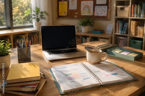 A bright and organized home office desk with a laptop, open planner, books, and a coffee mug, bathed in natural sunlight.
