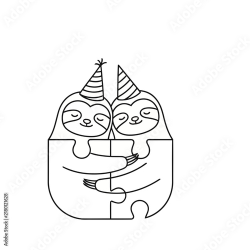 Two Sloths Hugging Wearing Party Hats