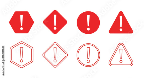 Collection of red warning signs with exclamation marks in various shapes and styles.